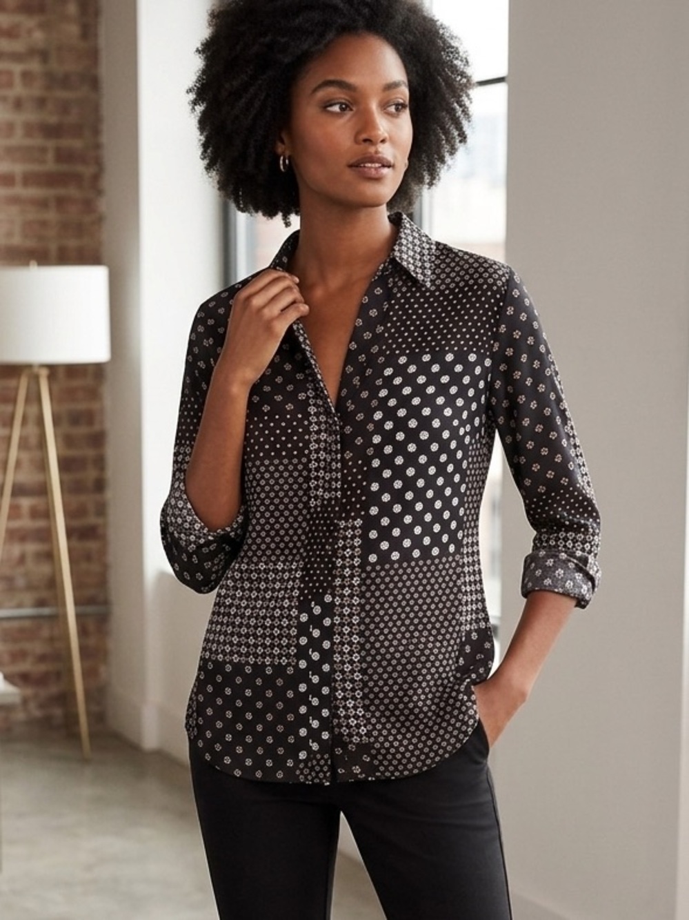 Ann Taylor Black Patchwork Dot Button-Down Shirt